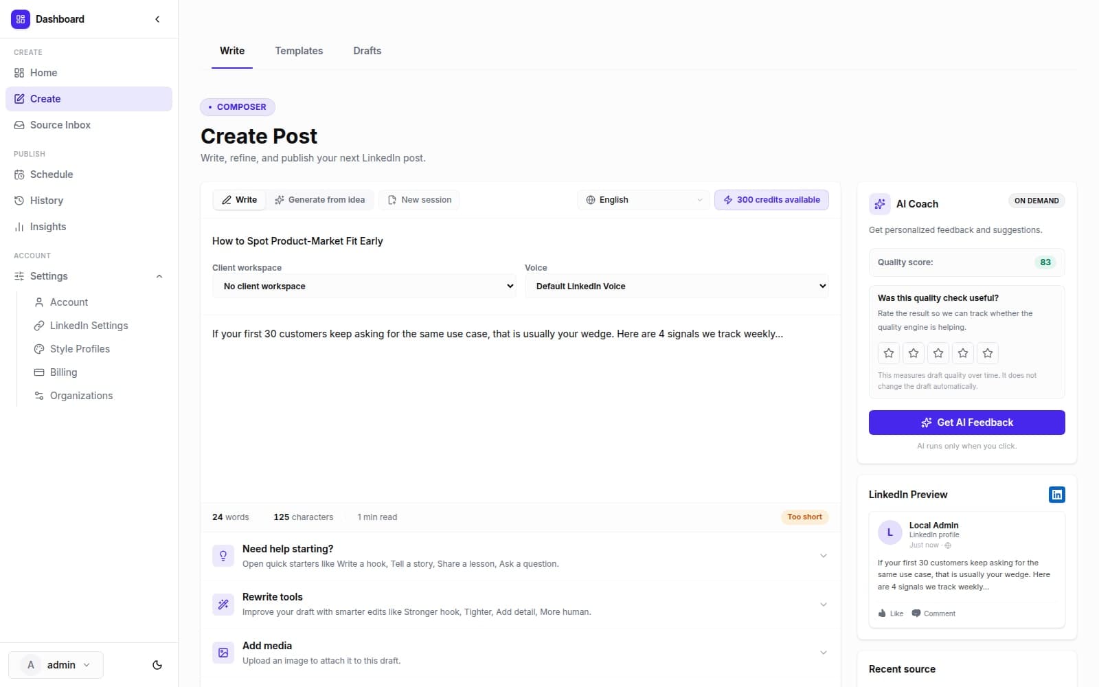 HumanEcho dashboard showing content creation workspace