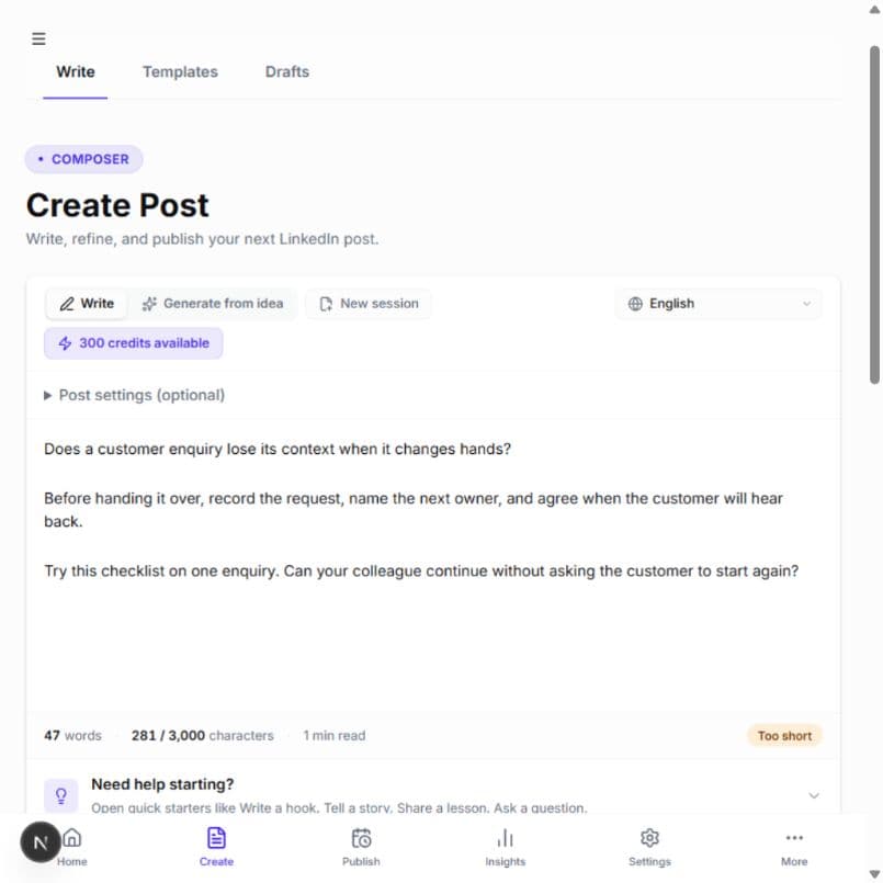 HumanEcho's English post editor with a prepared customer-enquiry writing example